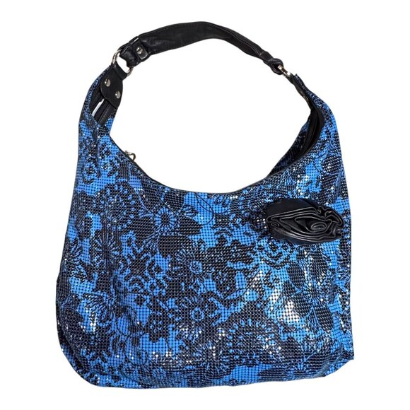 Whiting & Davis Blue Black Floral Mesh Shoulder Bag Leather Strap Rose Dust Bag - Picture 1 of 14
